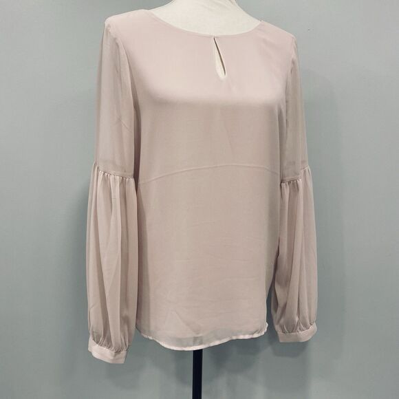 EXPRESS NWT M Women's Pink Sheer Chiffon Blouse Round Neck Balloon Sleeve Office - Picture 2 of 16